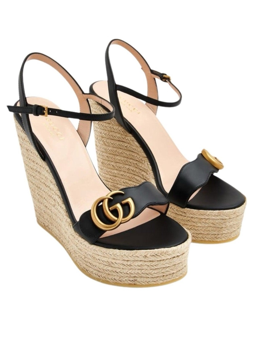 Gucci GG Espadrille Wedge Sandals Black Leather